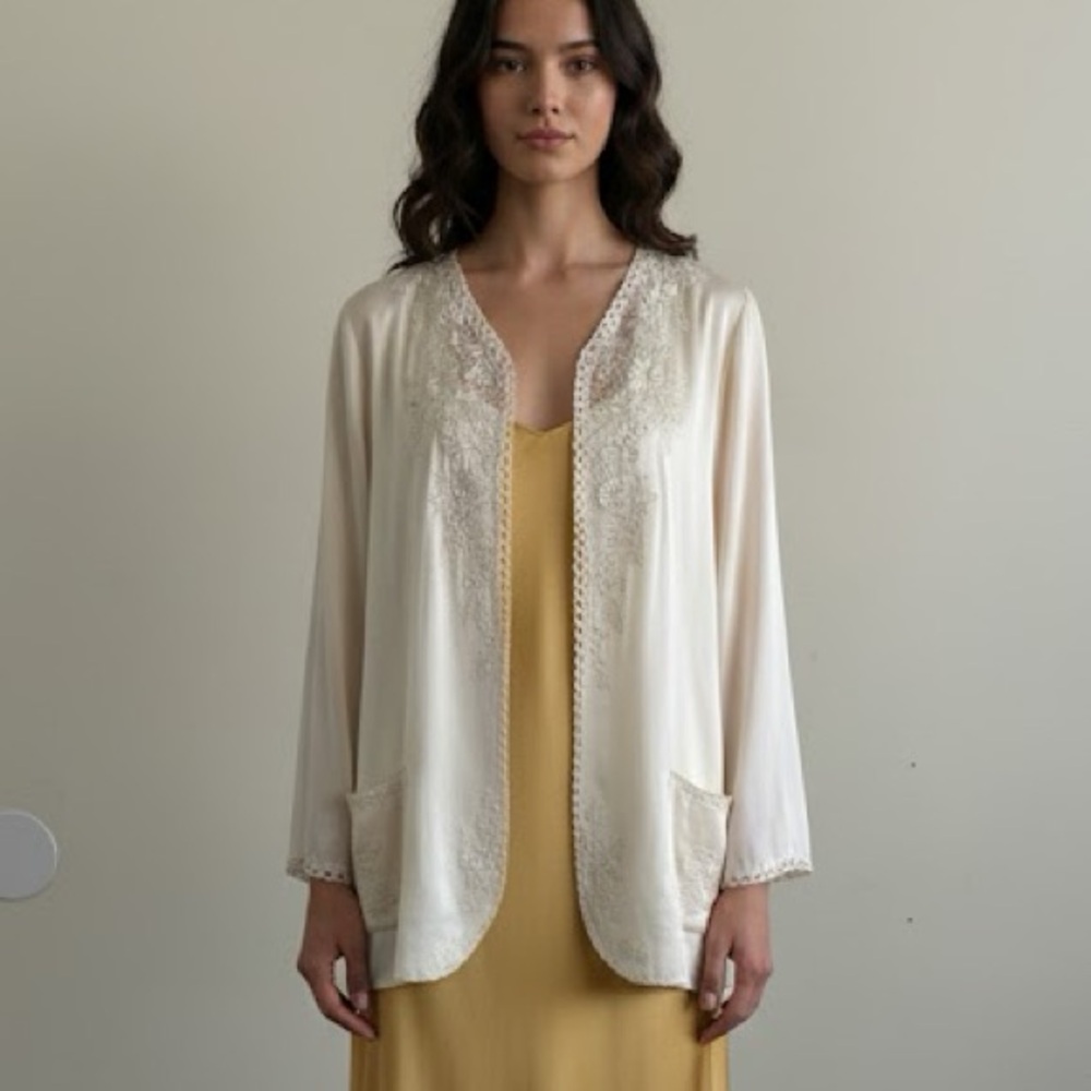 Vintage Golden Peony Hand-Embroidered Silk Open-Front Jacket - Size 36